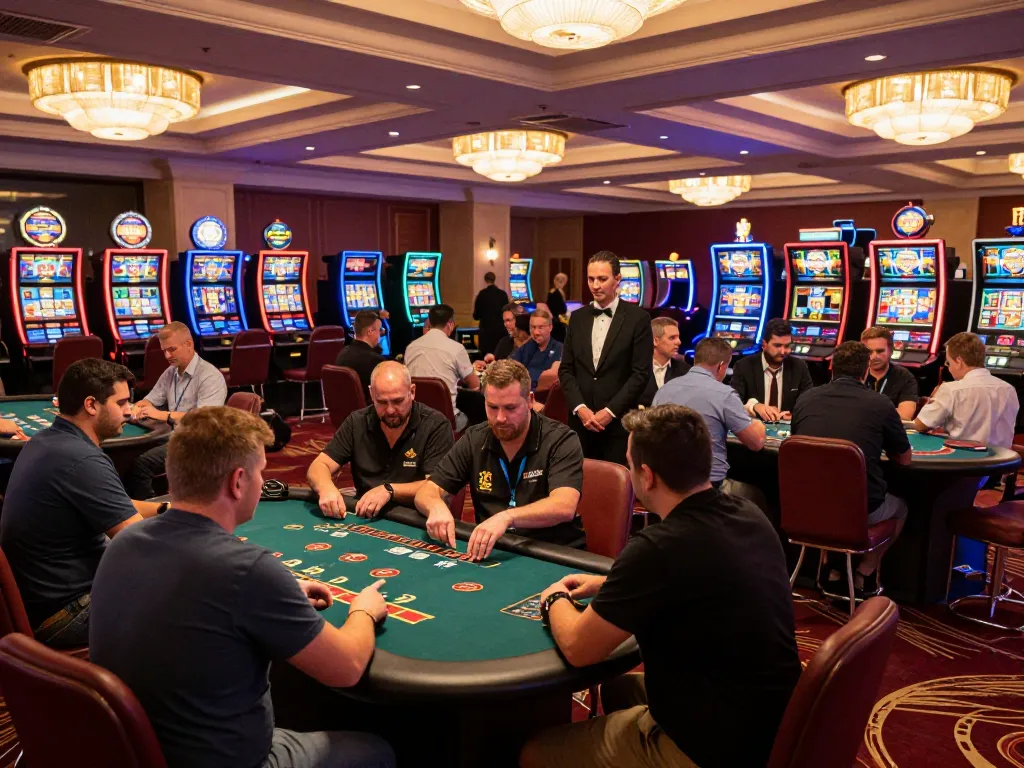 Excited players at 79win's lively casino engaging in blackjack amidst vibrant ambient lighting and rich decor.