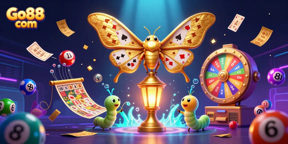 Join the excitement with Go88 com as colorful lottery balls and casino treasures fill the scene.