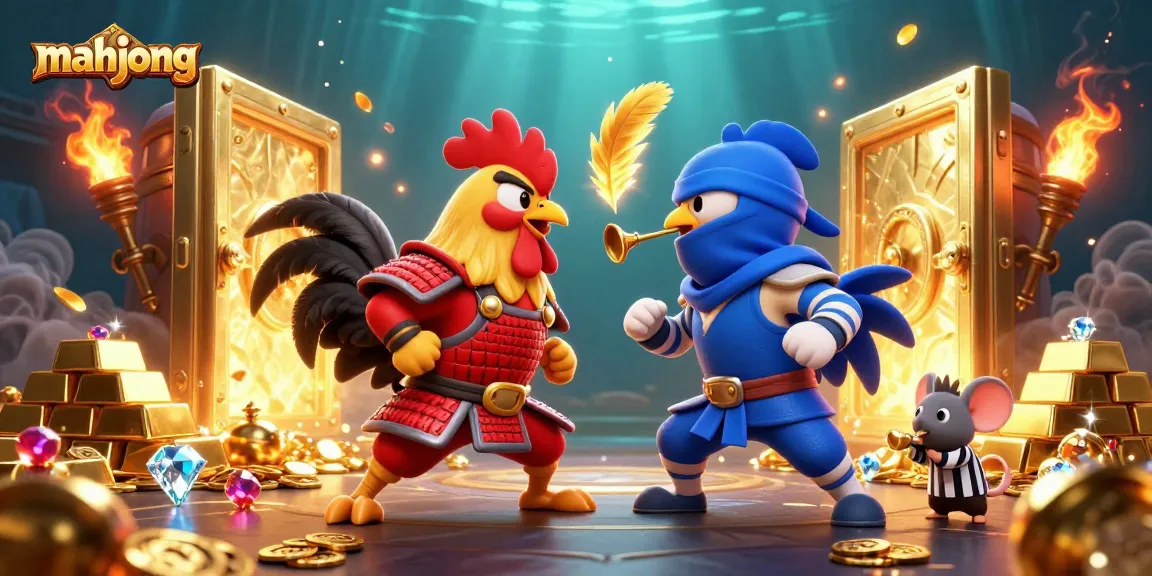 Play mahjong with dynamic fighting roosters in a treasure-filled casino scene.