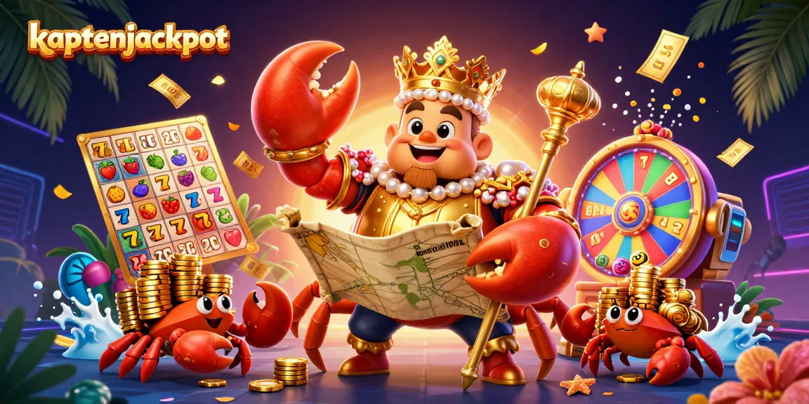 Participate in the exciting world of kaptenjackpot with a vibrant scene of a golden crab emperor among slot reels and lotto elements.