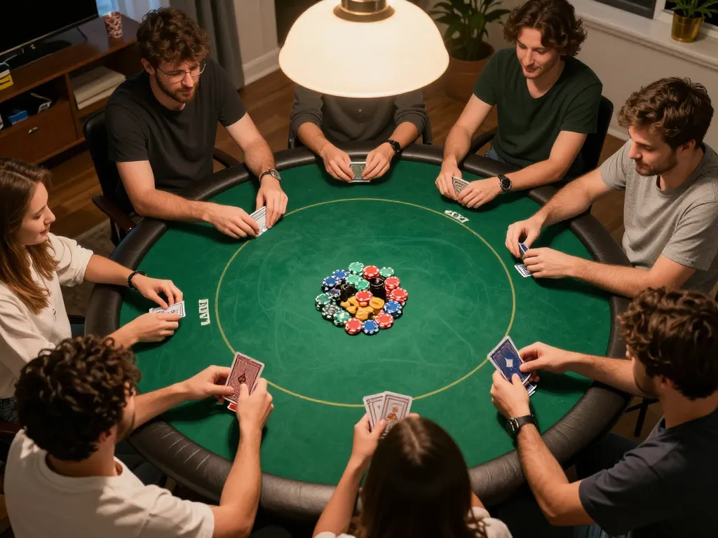 Cảnh đêm poker KO66 với những người bạn thưởng thức trò chơi sôi động và đồ uống quanh bàn tròn.