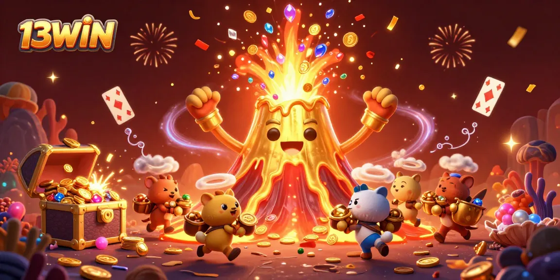 Experience thrilling excitement at 13WIN with a vibrant volcano erupting coins and treasures.