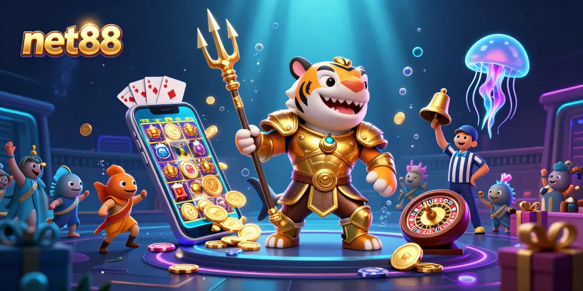 Experience net88's thrilling underwater casino as the shark gladiator wields his trident amidst dynamic gaming elements.