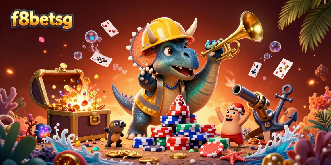 Engage with f8betsg's vibrant gaming world featuring characters surrounded by poker chips and underwater treasures.
