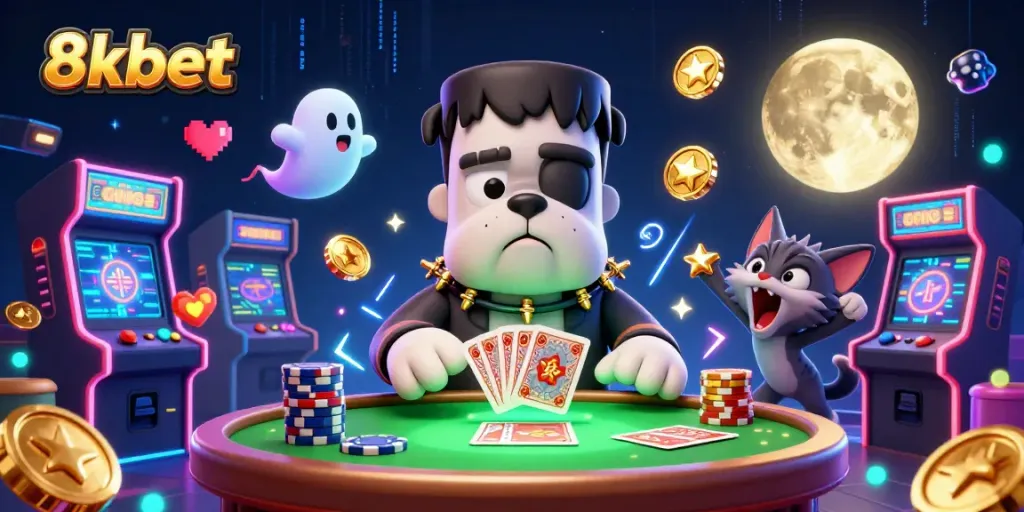 Engaging players at 8xbet with thrilling card games illustrated by unique characters in a lively casino setting.