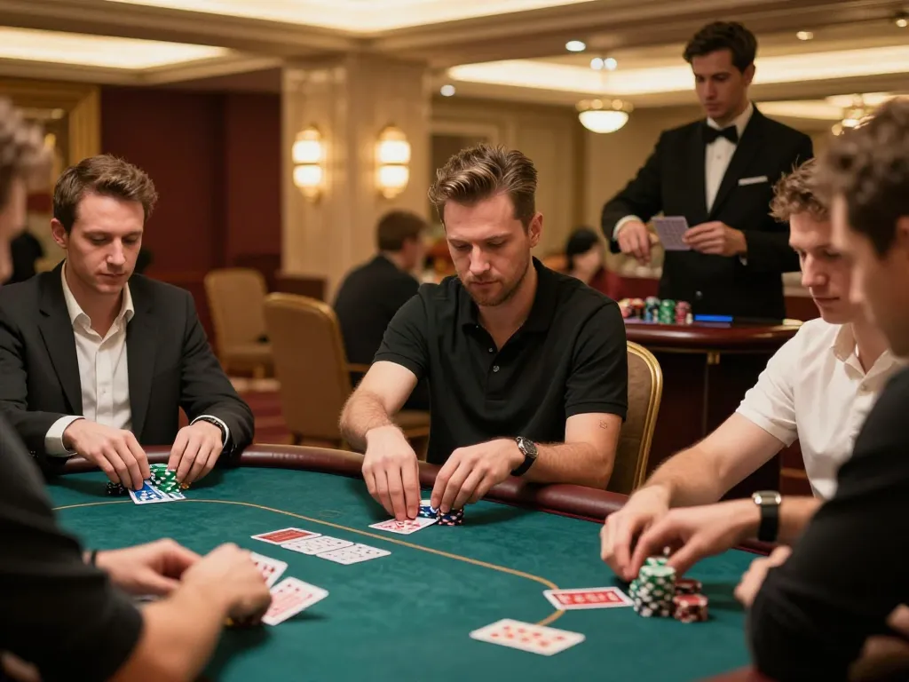 fa88vn competitive players analyzing cards at a luxury poker table in an upscale casino setting