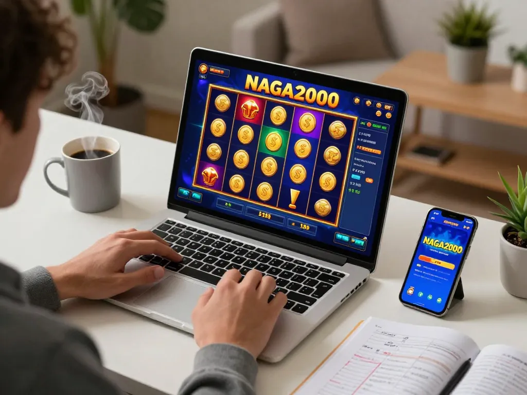 NAGA2000 player engaged in an exciting online slots session with vibrant interface and cozy home setup.