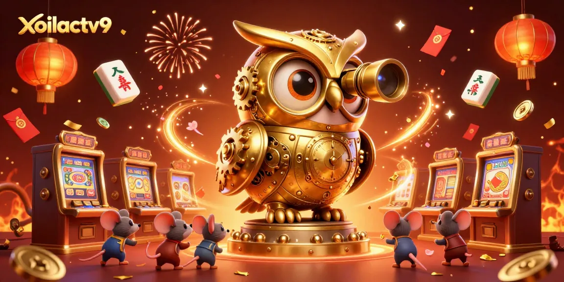 Engage with xoilactv9 in this lively casino scene featuring a golden owl and wind-up mice playing.