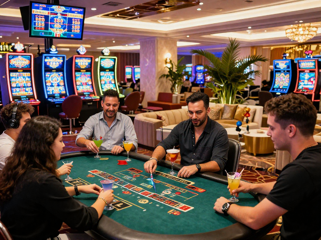 Giocatori nei migliori casino non AAMS mentre scommettono in un ambiente elegante e vivace.