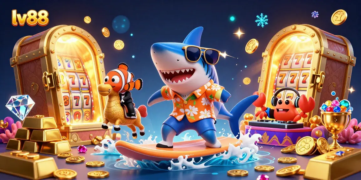 Experience thrilling gaming adventures at lv88 with our vibrant 3D illustration featuring a shark and treasure!