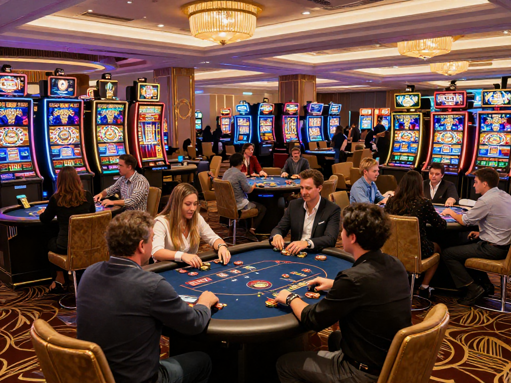 Giocatori nei migliori casino non AAMS impegnati in vari giochi d'azzardo, atmosfera vivace e di lusso.