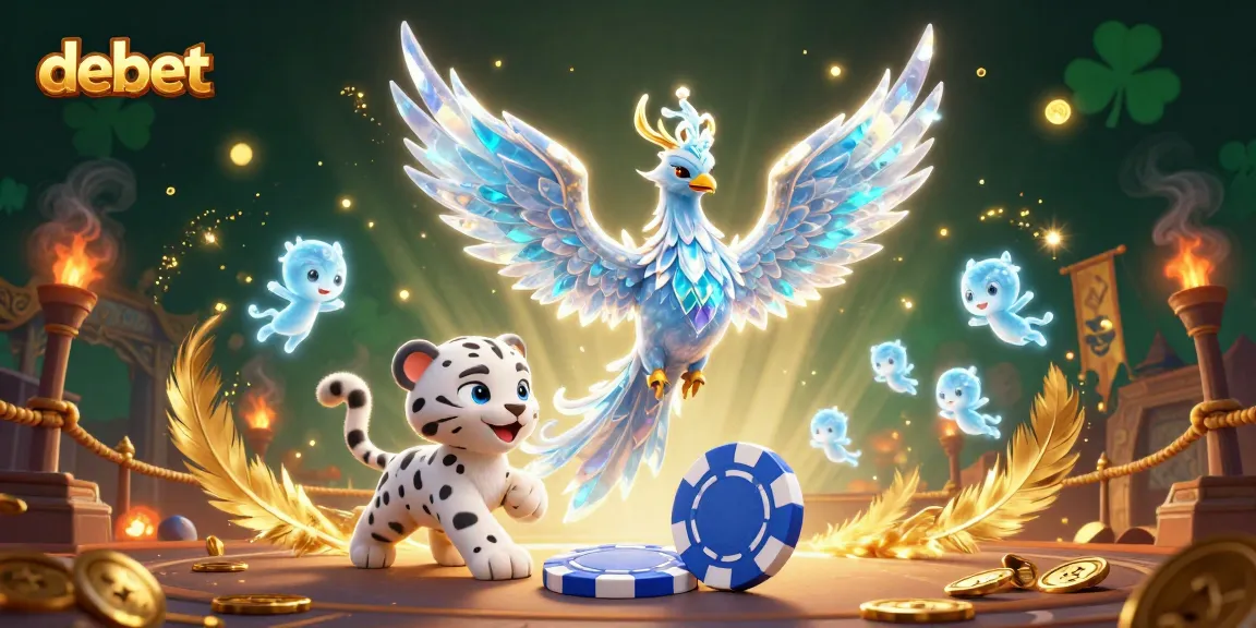 Experience debet thrills with a dazzling scene of a phoenix and a playful snow leopard cub amidst a magical casino atmosphere.