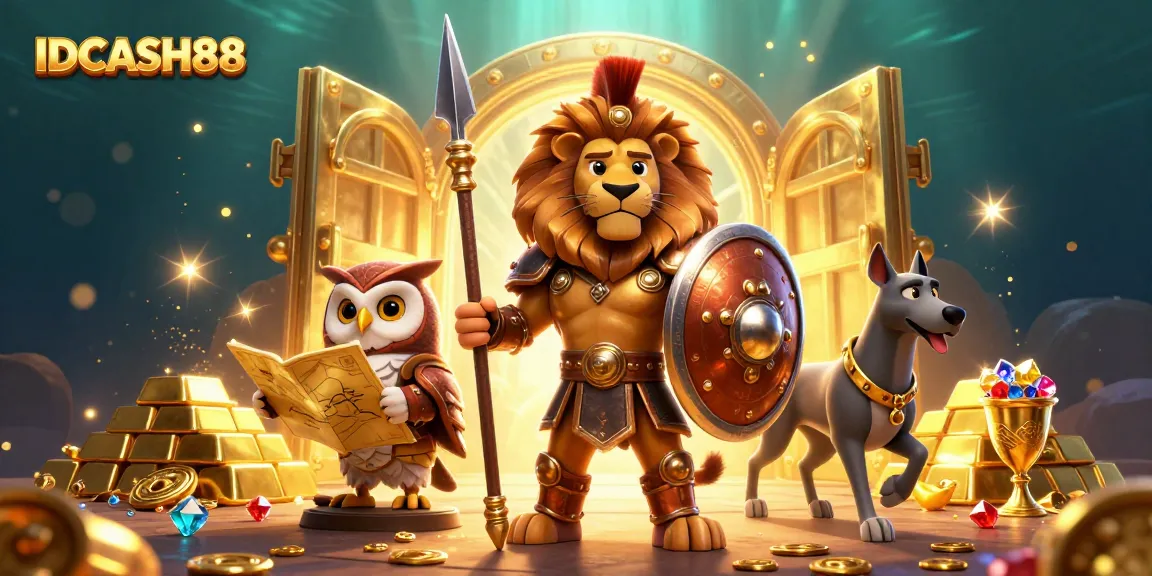 IDCASH88 offers exciting slots with a Spartan lion and treasures in a vibrant casino scene