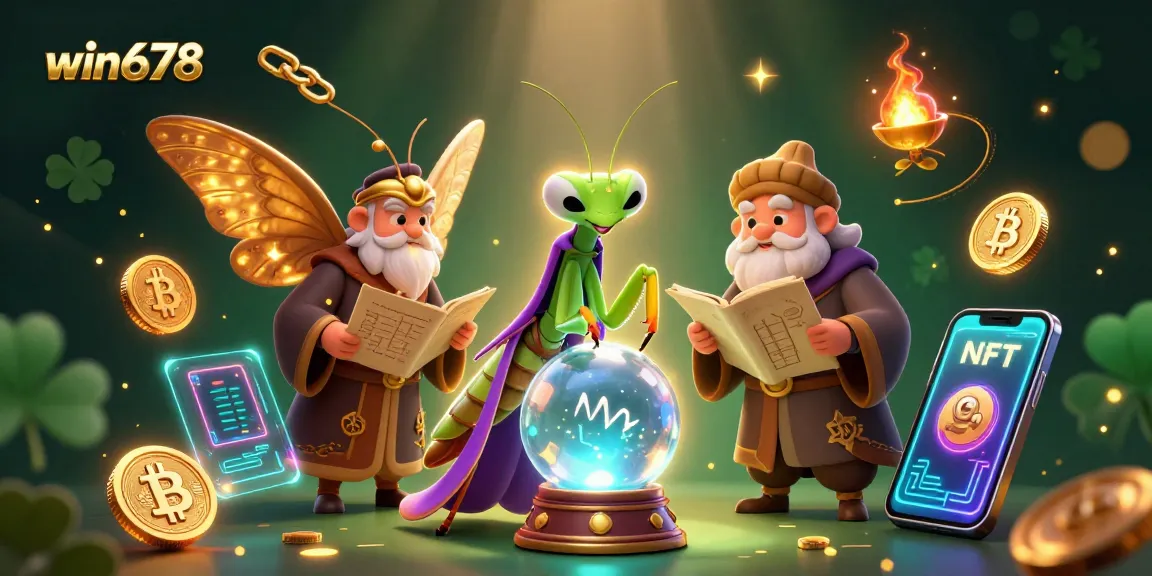 Win678's thrilling casino atmosphere with mystical characters predicting fortunes amidst sparkling coins