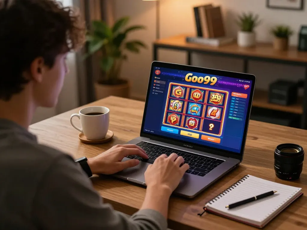 Engaging in online gaming at Go99 with vibrant slots display, cozy home setup.