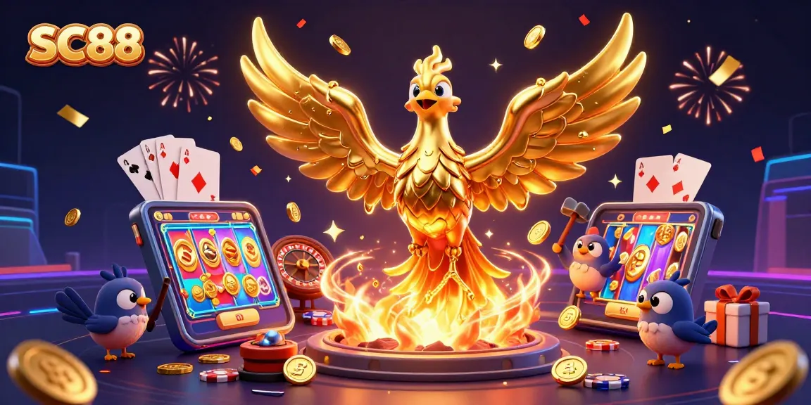 Experience excitement with SC88 as the golden phoenix rises amidst vibrant casino elements.