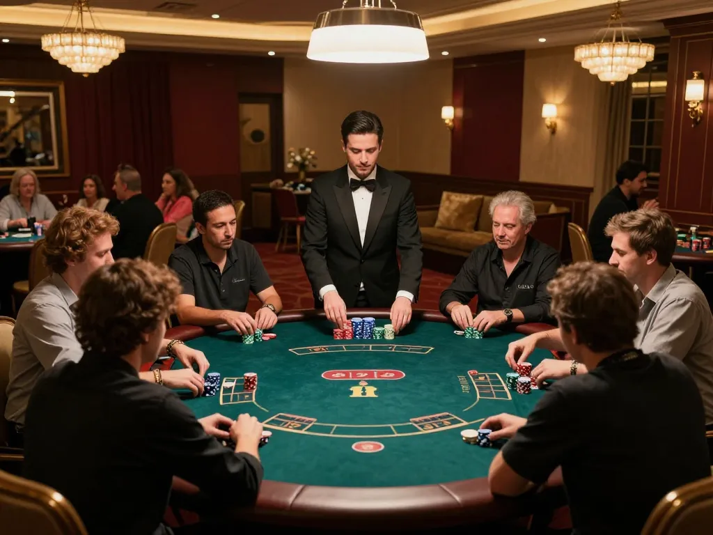 Players at a high-stakes poker table at MM88, showcasing strategic gameplay in an elegant casino setting