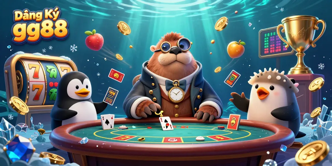 Join the fun at Đăng Ký gg88 with our exciting underwater poker scene, featuring a stylish walrus and dynamic gaming elements.