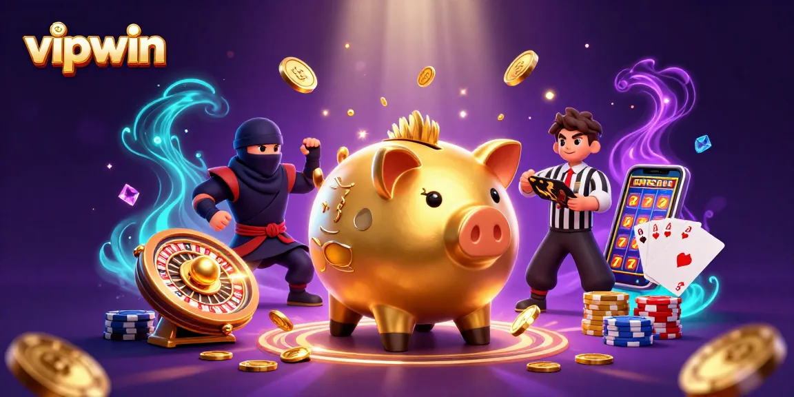 Experience the excitement of vipwin with a dynamic 3D illustration featuring cartoon characters in a vibrant casino setting.