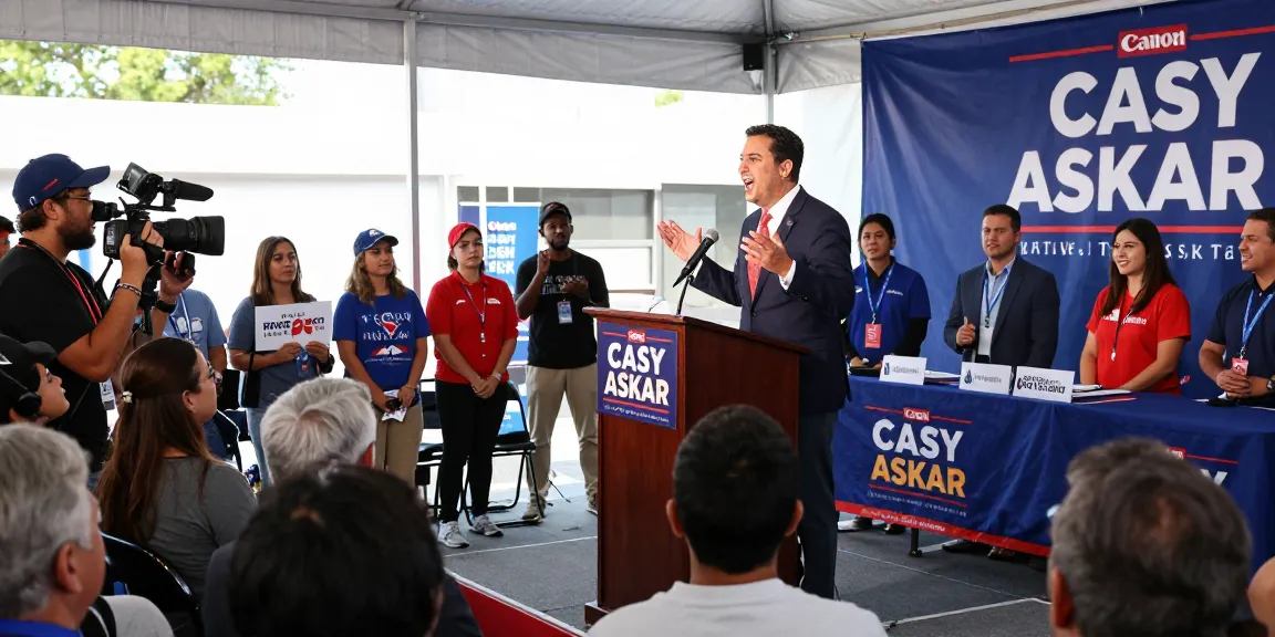 Casey Askar addressing voters at a public debate, engaging community involvement.