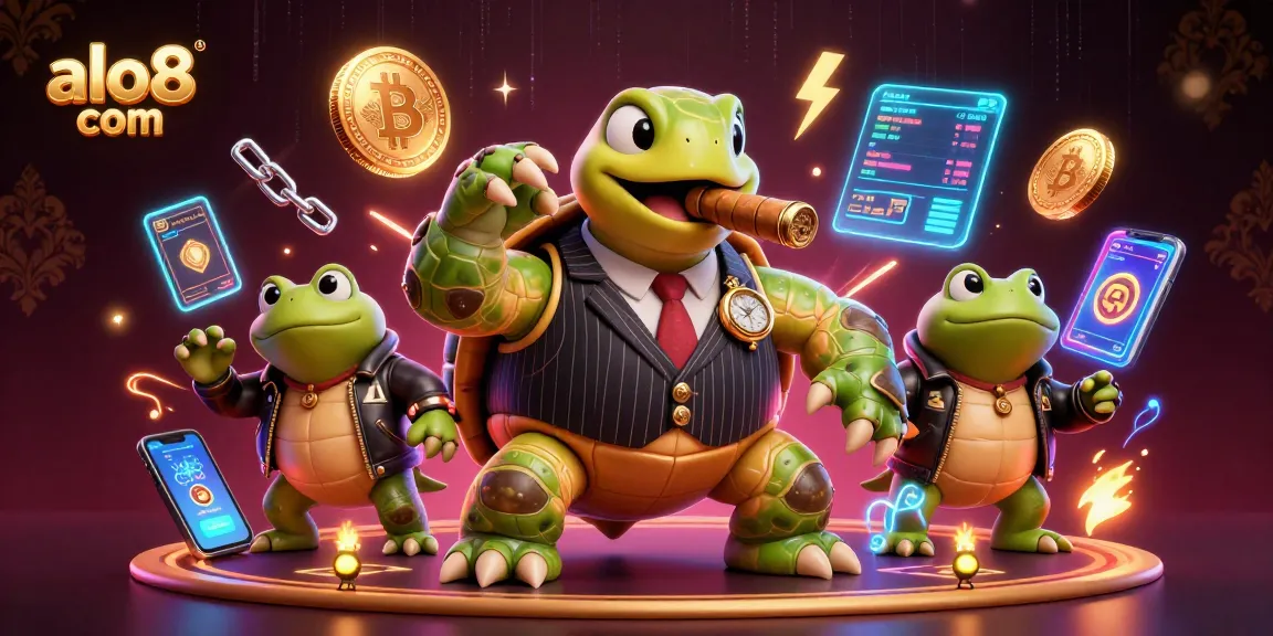 Engage with the thrilling world of alo8 com at this vibrant casino scene featuring a unique mobster turtle and bullfrog enforcers.