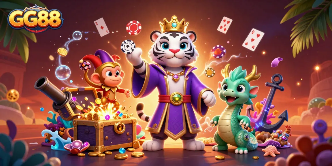 Experience thrilling gameplay at GG88 with a vibrant casino scene featuring a playful monkey and tiger.
