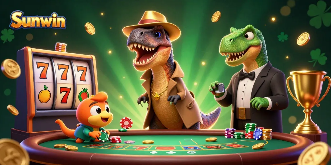 Engage with Sunwin's thrilling blackjack scene featuring a cartoon velociraptor counter and symbolic casino elements.