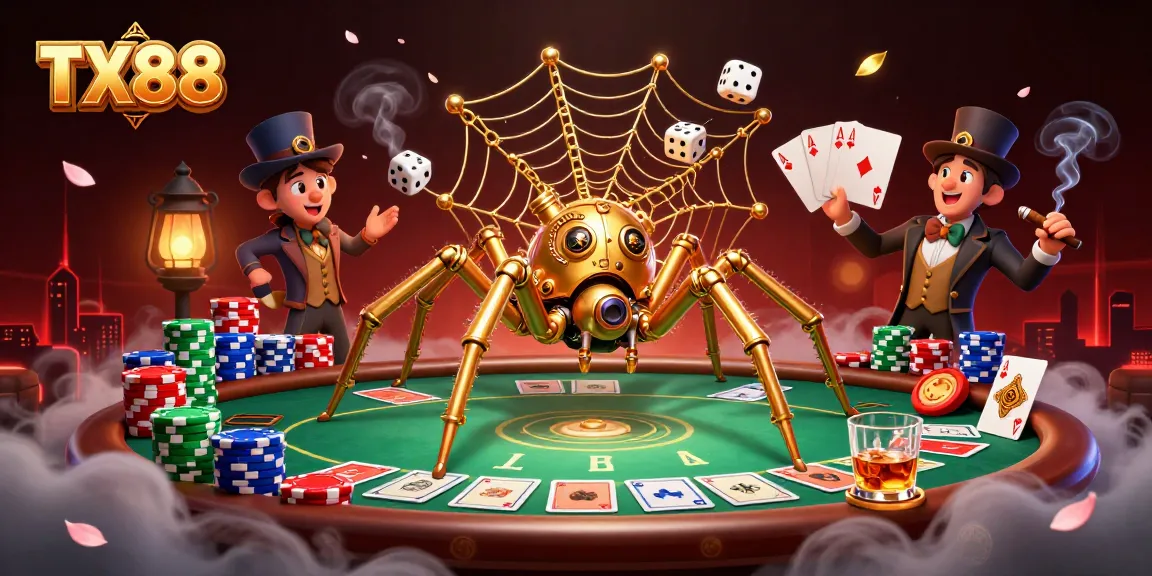 TX88 showcases a whimsical 3D spider capturing dice amidst poker elements in a vibrant casino scene.