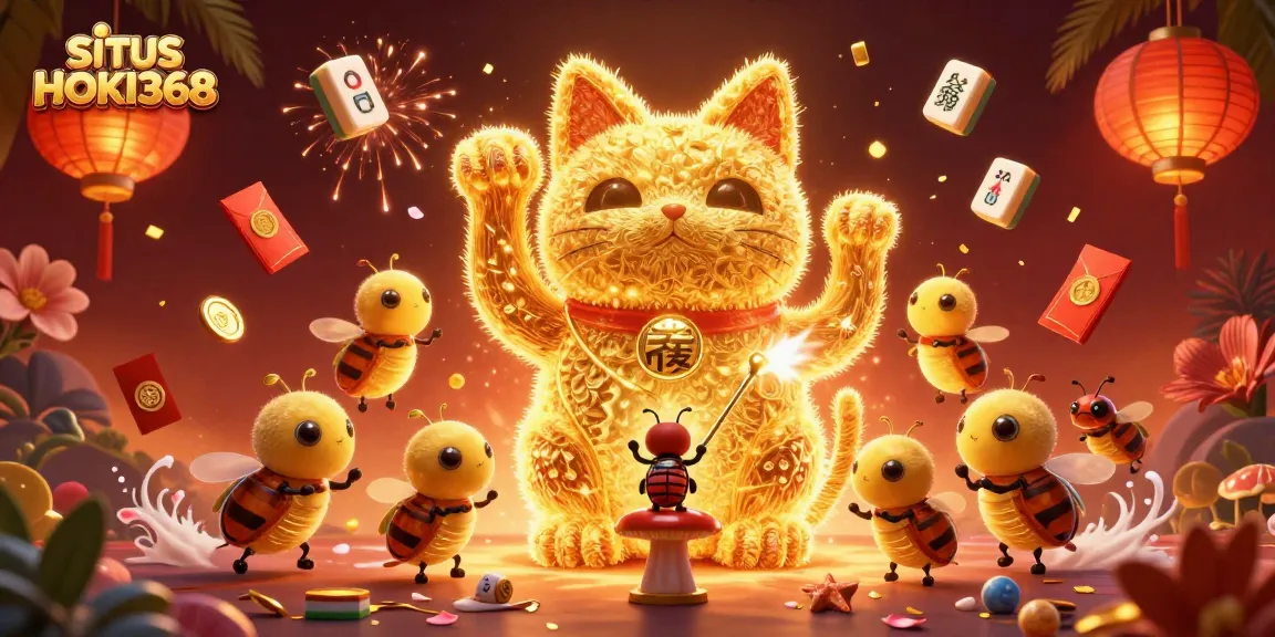 SITUS HOKI368 showcases a vibrant 3D illustration of a lucky cat surrounded by casino elements, enticing players.