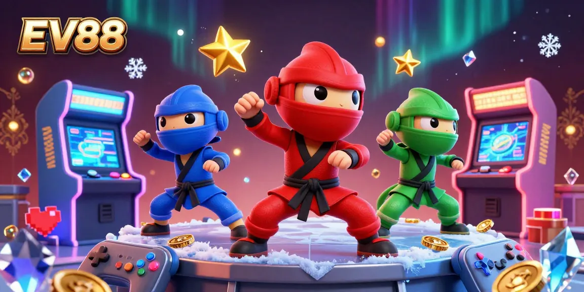 Experience thrilling gameplay at EV88 with ninja chameleons and vibrant arcade elements.