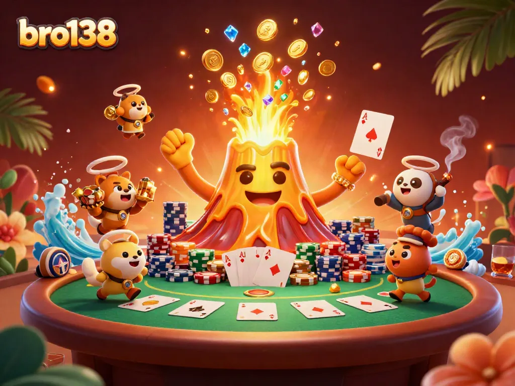 Play exciting games at bro138, featuring vibrant casino elements and triumphant golden volcano.