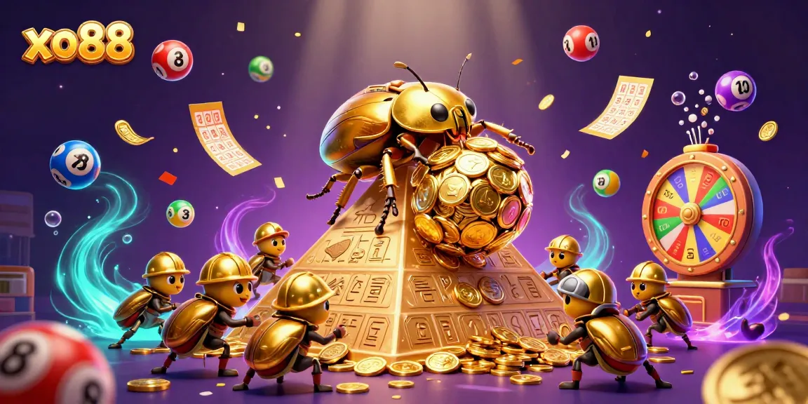 Experience fun with xo88, a massive golden dung beetle amidst vibrant gambling elements.