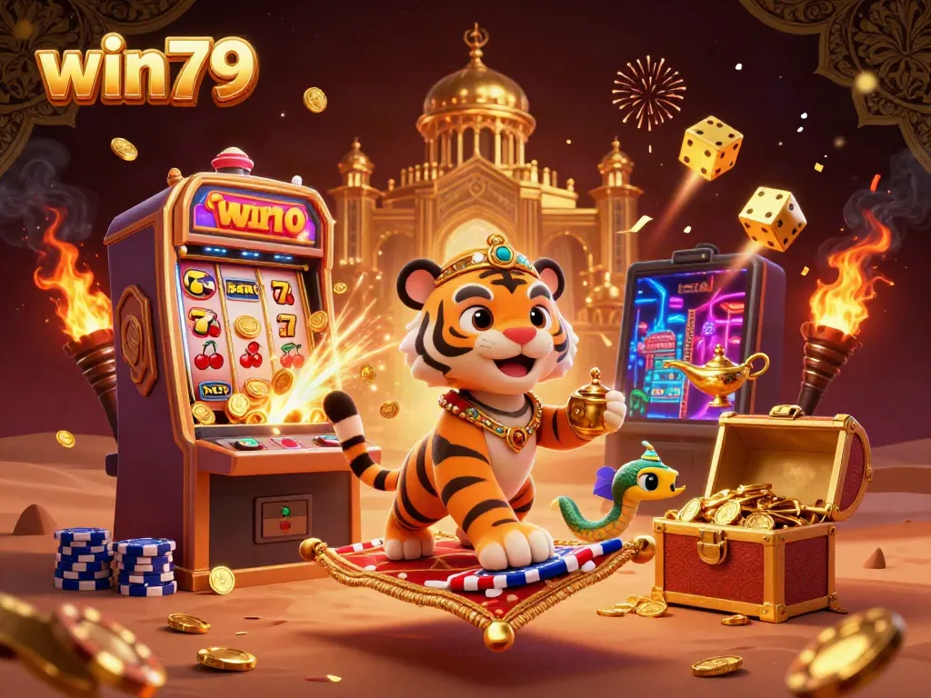 Win79 players enjoying a vibrant, dynamic casino experience with jackpot slots and magical elements.