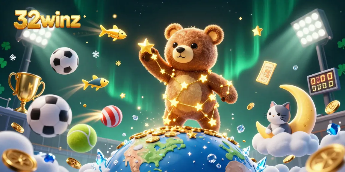 Betting excitement and opportunities await at 32winz as playful characters gather under lively casino lights.