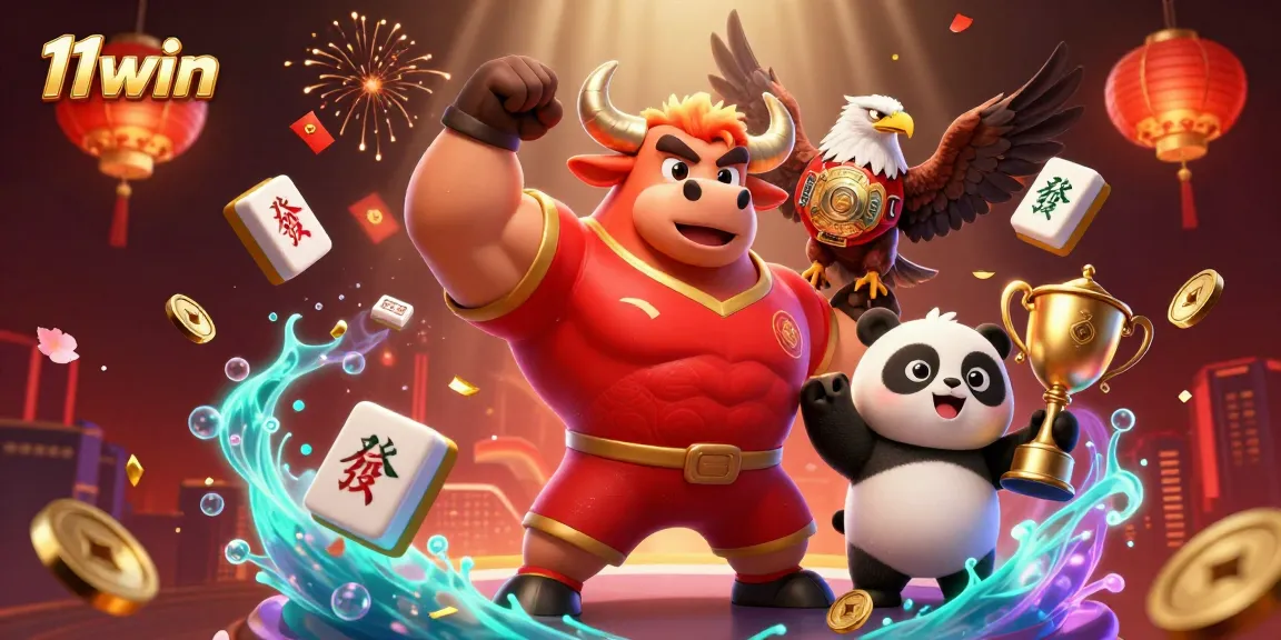 Feel the thrill of victory with 11win as the bull mascot celebrates with an eagle and panda!