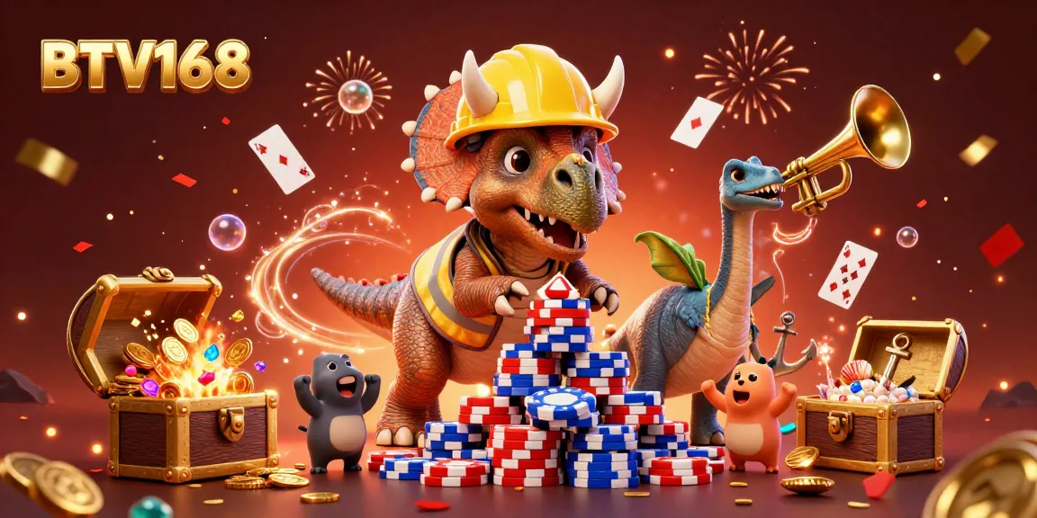 BTV168 celebrates with a lively 3D scene inclusive of poker chips and treasures.