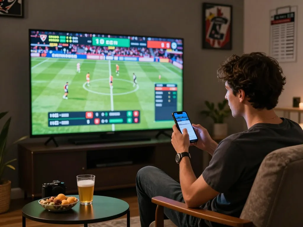 Person placing live bets on smartphone for sports at mm88star, celebrating wins in a cozy setting.
