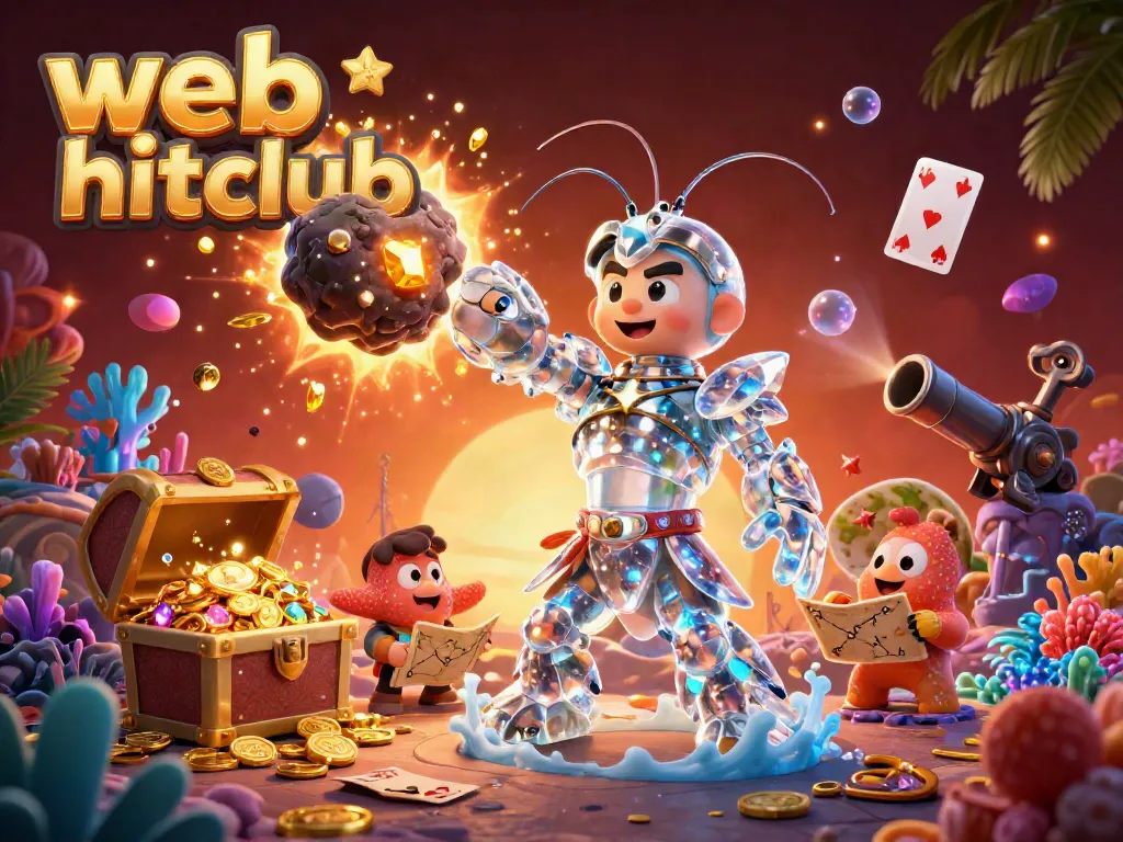 Engaging action scene with web hitclub's galactic samurai shrimp amidst exploding treasures and vibrant coral, showcasing gambling excitement.