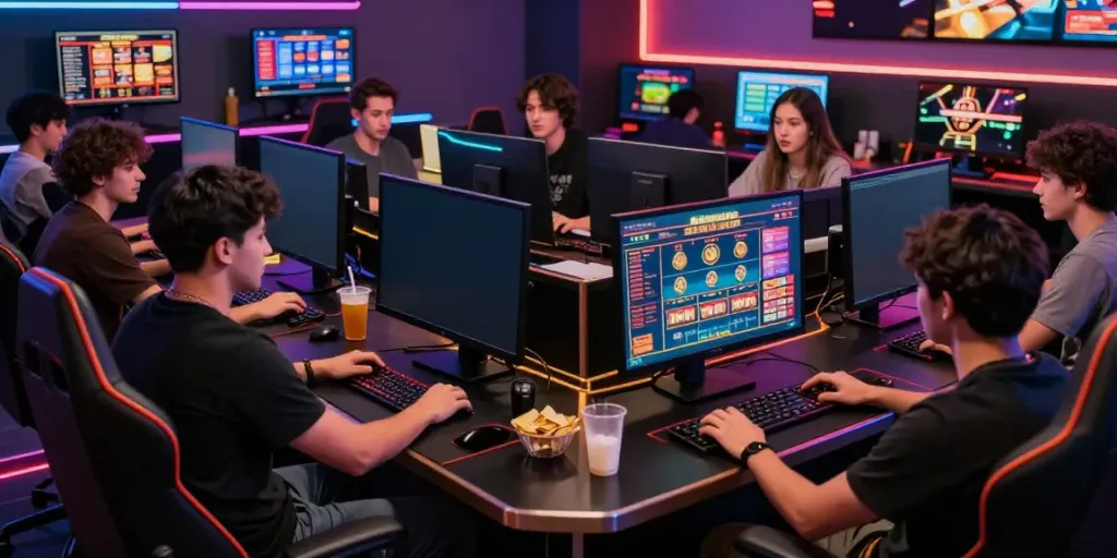 FABET online gambling experience with friends in a vibrant gaming room.