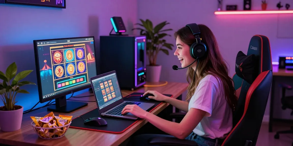 Excited gamer at a credit card casino, playing on a laptop with vibrant LED lights and snacks