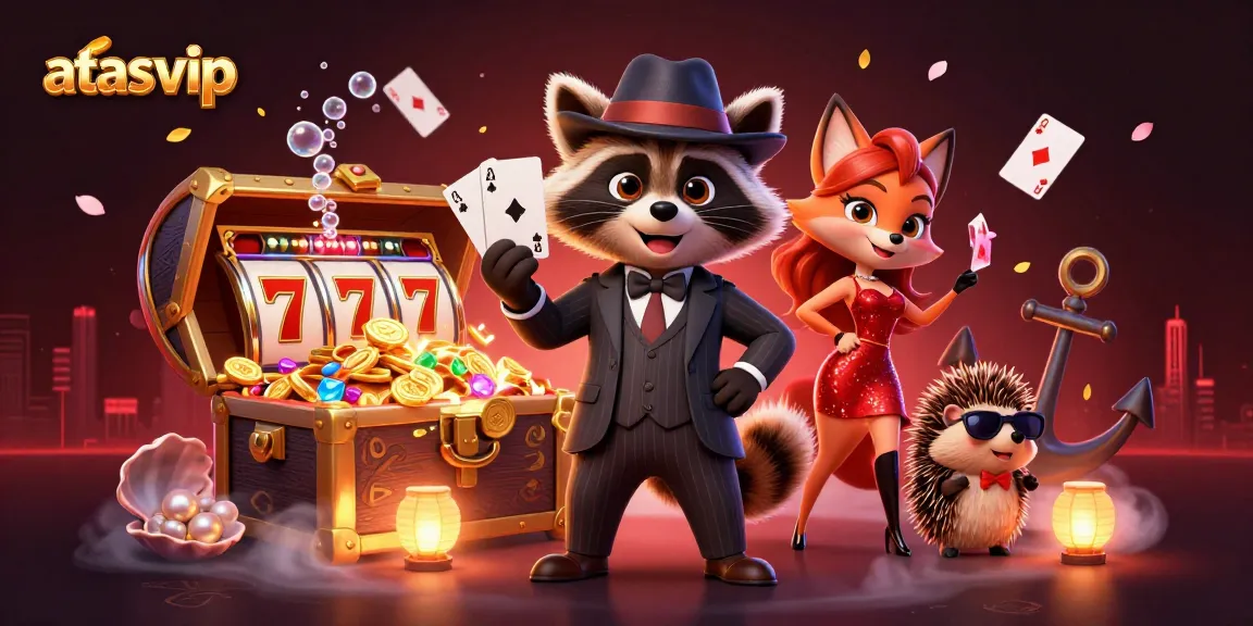 Engage with atasvip's thrilling gaming world featuring a raccoon and fox in a vibrant casino scene.