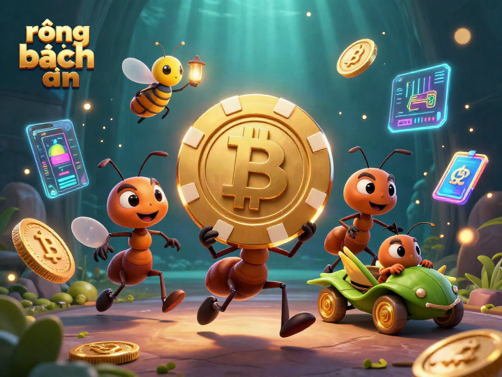 Engaging rồng bạch kim scene with animated characters, golden poker chips, and crypto elements.