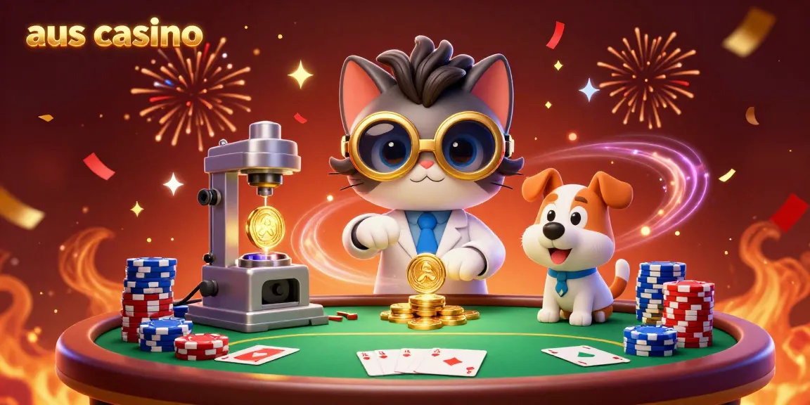 Engaging illustration showcasing aus casino with a mad scientist cat and assistant dog at a poker table.