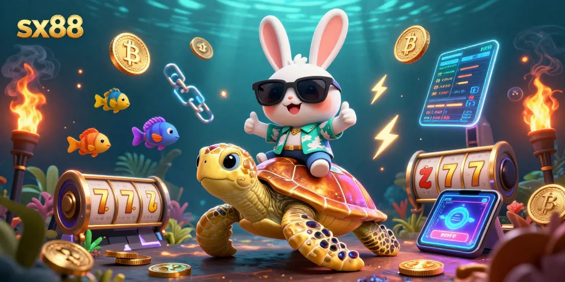 Spin and win with sx88 as the lucky rabbit and golden turtle celebrate in a vibrant casino scene.