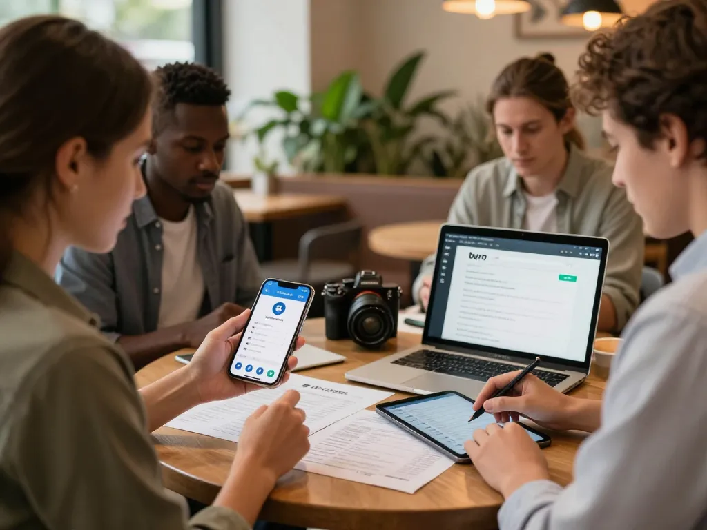 Turo inspection online process with diverse individuals using tech in a coffee shop.