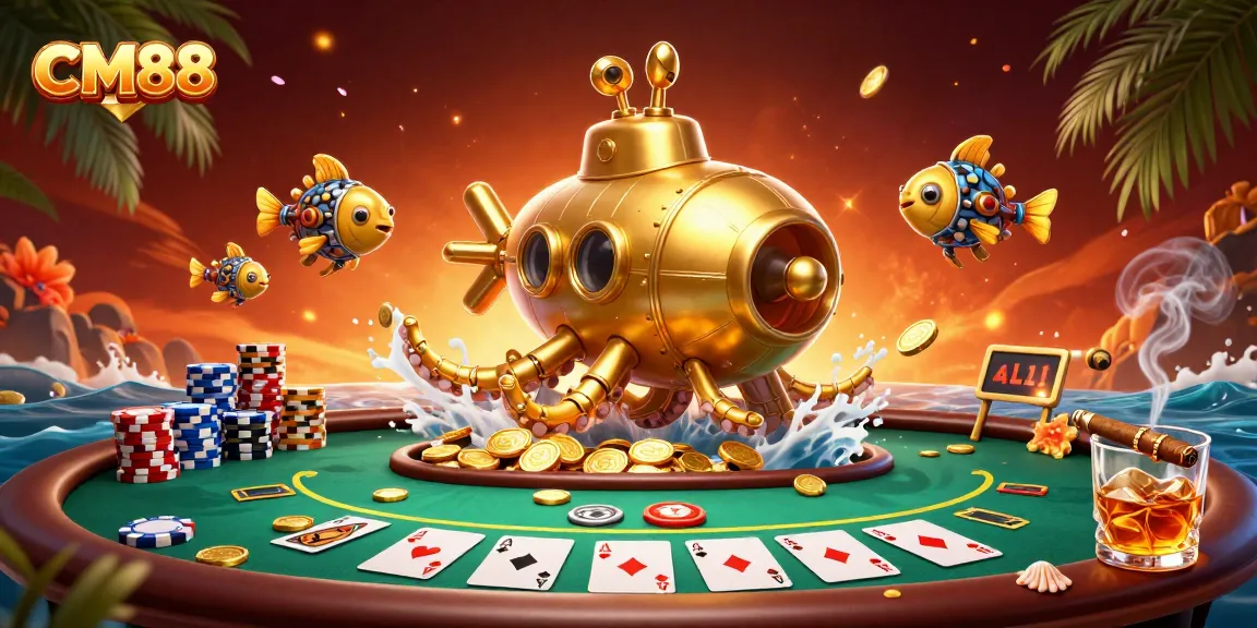 Engage with CM88's vibrant 3D casino scene featuring poker action and a golden kraken.
