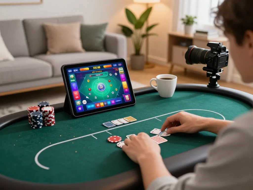 Engaged player enjoying poker on tablet while using XX 88 in a cozy home setting