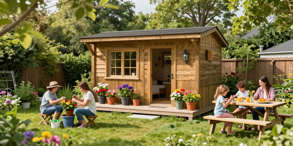 Verschiedene Gartenhäuser im Freien, in einem einladenden Garten mit Pflanzen und Sonnenlicht.