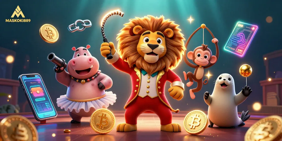 Win exciting prizes at MASKOKI889 with vibrant casino-themed characters and crypto elements.