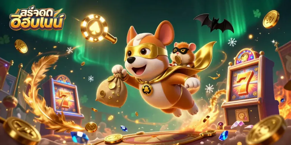Experience exciting สล็อตออนไลน์ adventures with a superhero dog and hamster amidst dynamic casino elements.